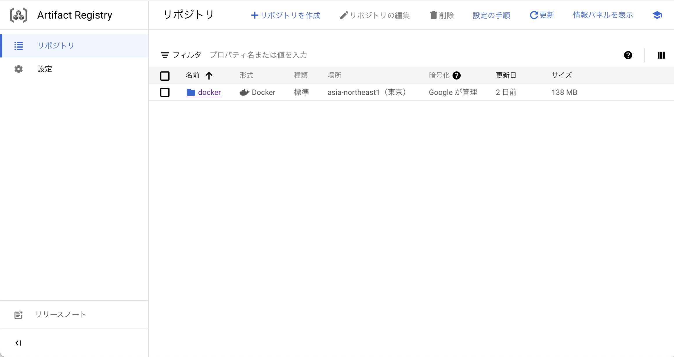 Artifact Registry のコンソール画面
