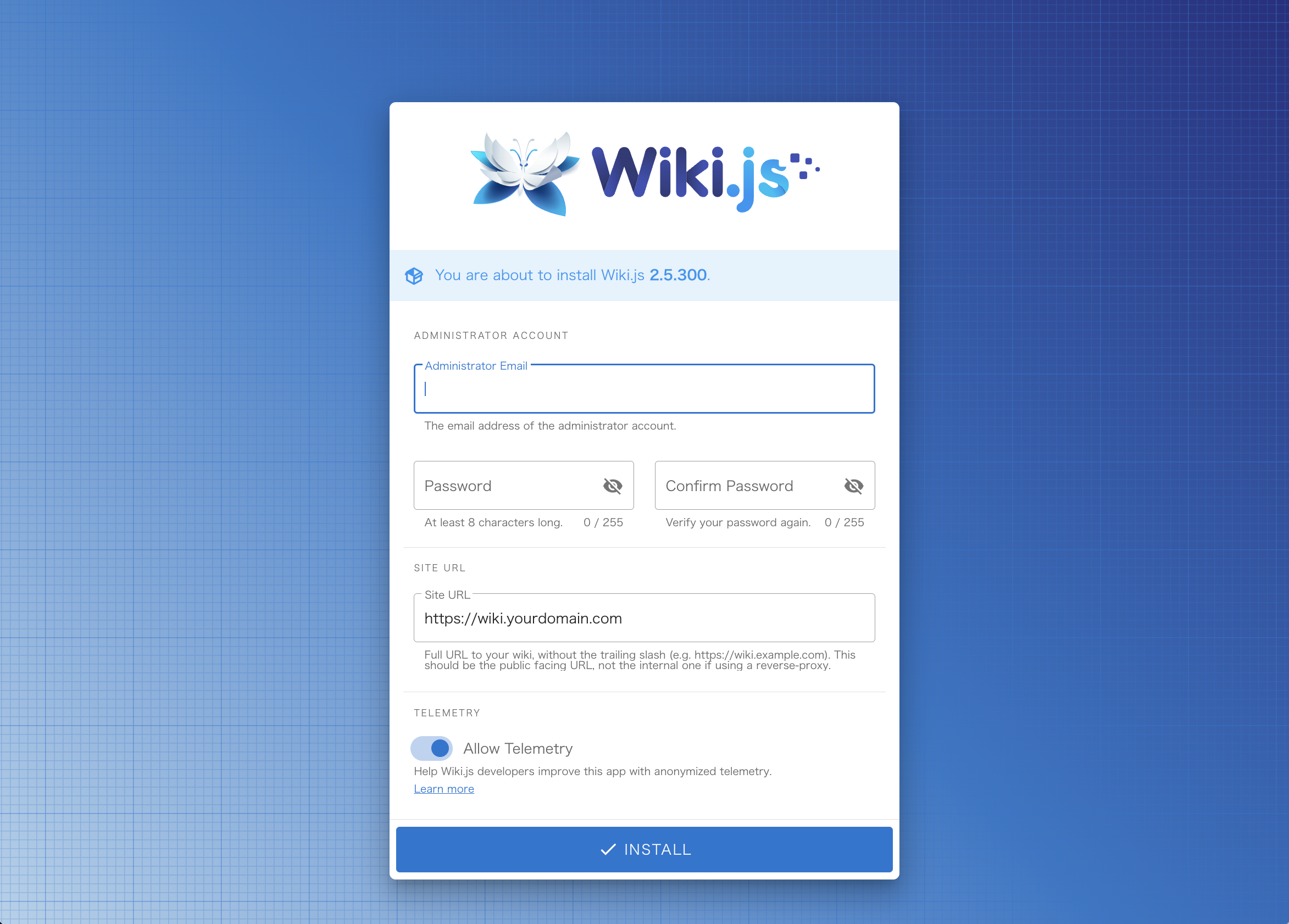 Wiki.js の初期設定画面